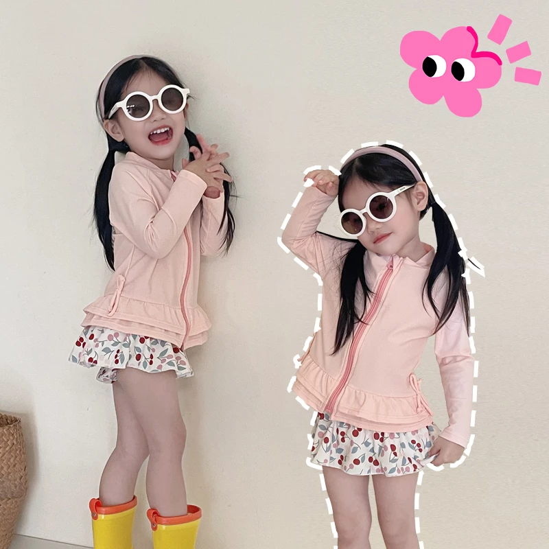 女童长袖速干防晒粉色泳衣夏季分体泳装女孩游泳花边裙度假温泉