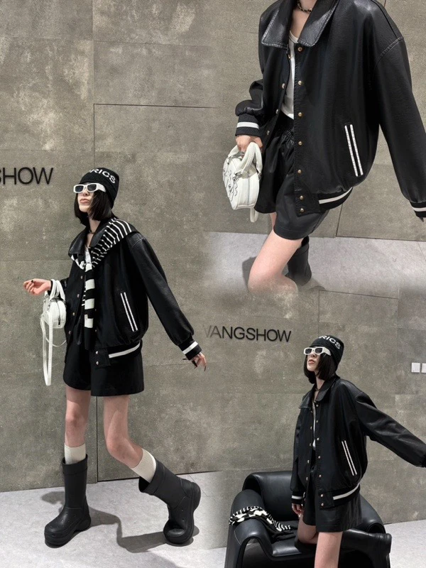 妮妮家6009春季新款拼接撞色条纹休闲翻领长袖外套