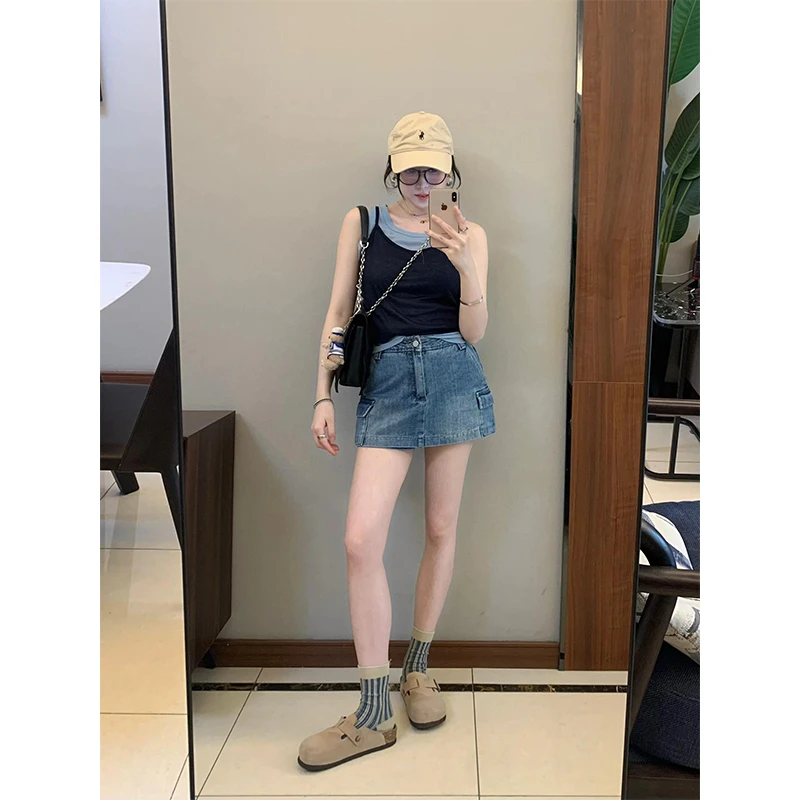 女装洋气时髦气质假两件撞色吊带上衣2025夏季高腰复古牛仔半身裙