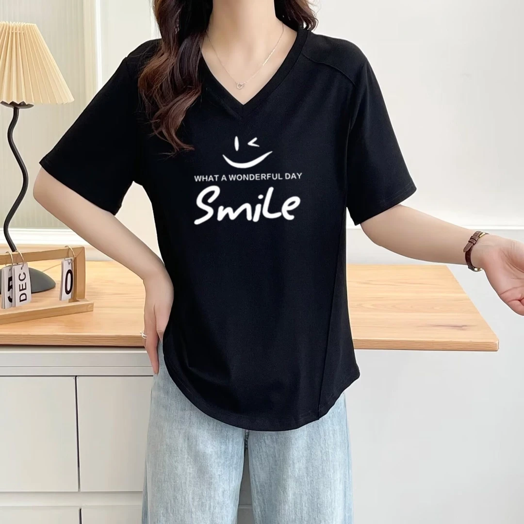 2025夏季新款简约短袖宽松显瘦正肩短袖T恤女大码百搭V领体恤上衣