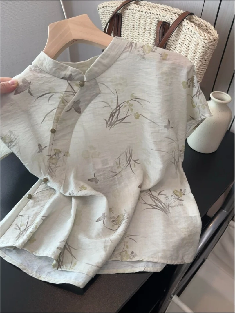 中式国风女装2025新款绝美漂亮上衣高级感轻奢减龄洋气印花衬衫夏