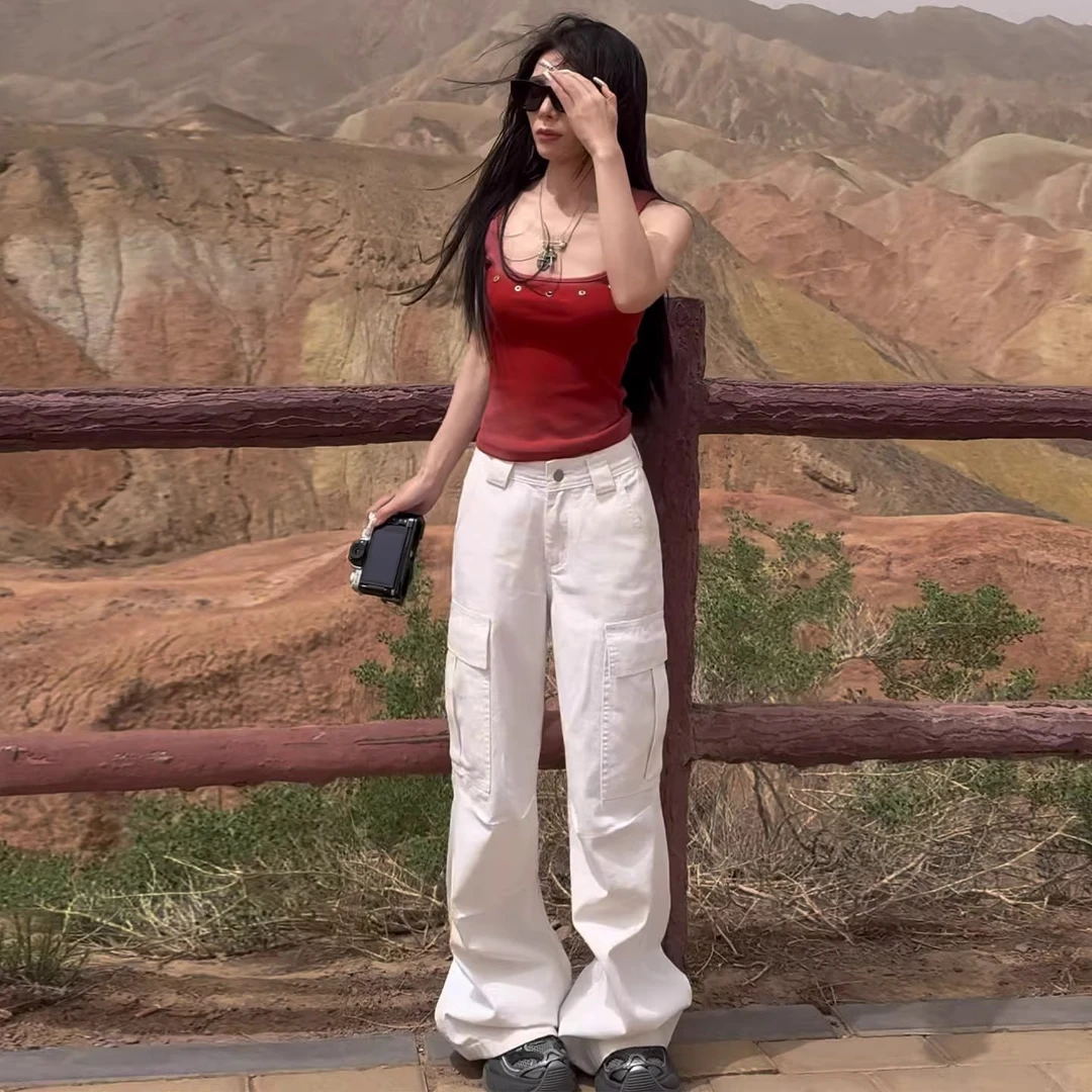 美式白色低腰微喇工装牛仔裤女夏薄款2025新款宽松直筒休闲阔腿裤