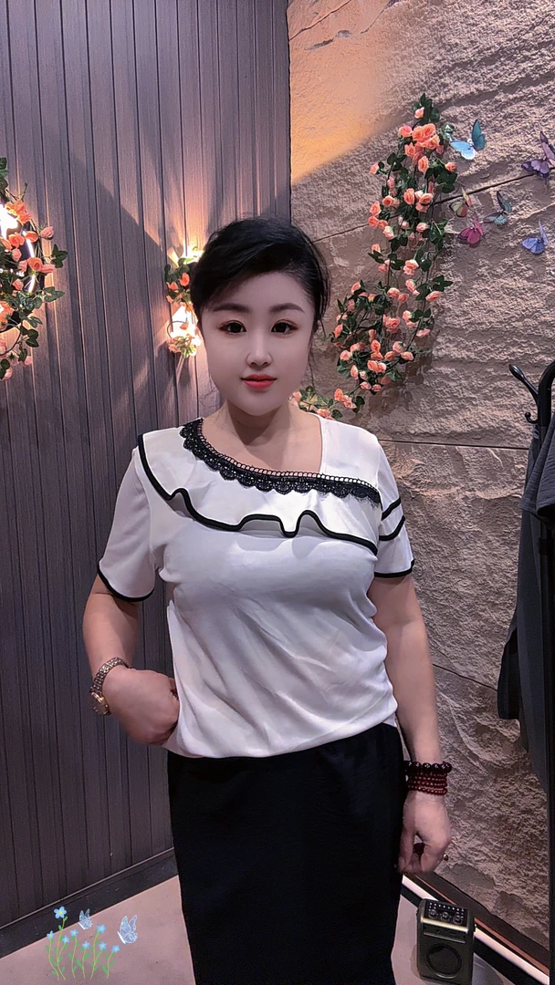 新然家短袖常规款荷叶边拼接一字领T恤气质条纹复古显瘦823