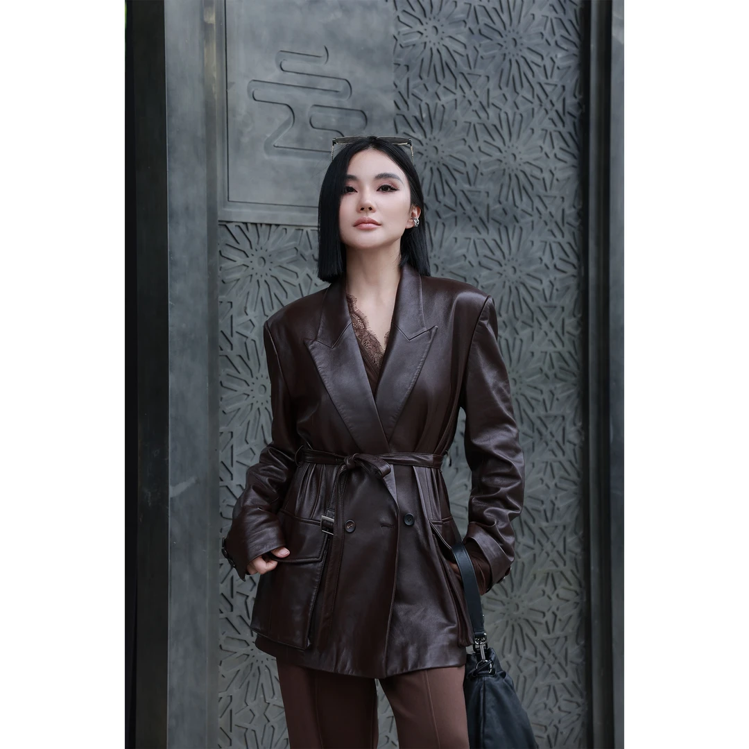 【妙妙精选】HUANGNAJI红咖色早秋设计感时尚气质绵羊皮皮衣9270