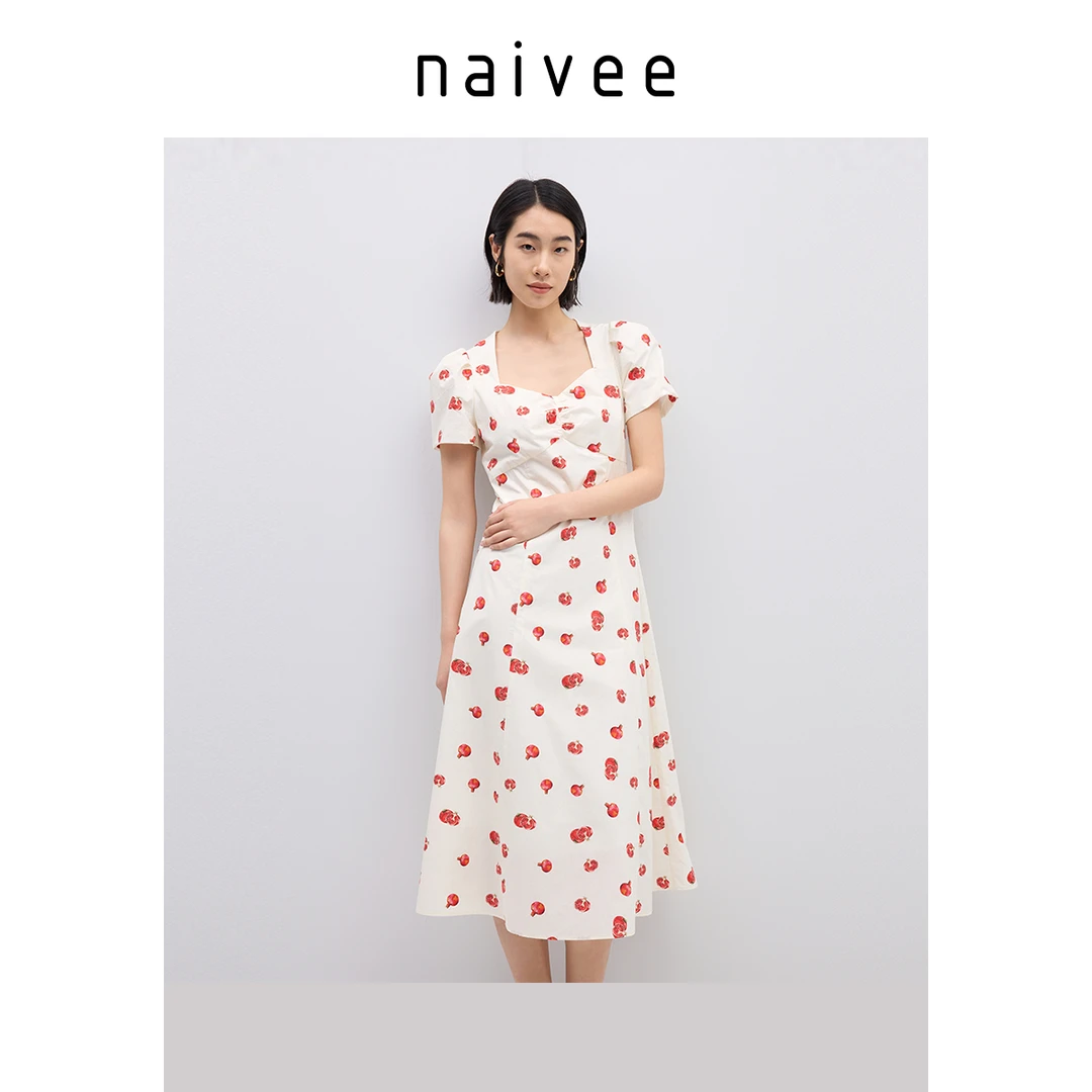 【官旗】Naivee/纳薇夏元气红石榴印花茶歇裙复古方领254267924