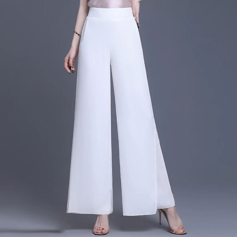 高腰垂感阔腿裤女休闲夏季宽松休闲裤直筒裤开叉薄款显瘦白色长裤