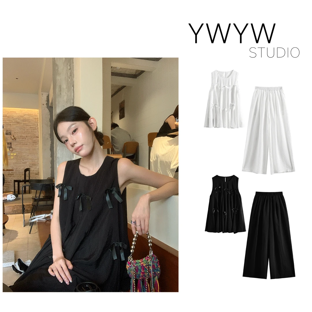【YWYW25S/S】夏季蝴蝶结捏褶无袖上衣+弹力阔腿高腰休闲裤套装5192