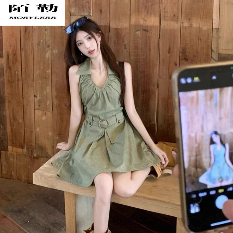 陌勒美式工装无袖背心连衣裙女夏季低露肤度穿搭小个子收腰a字短