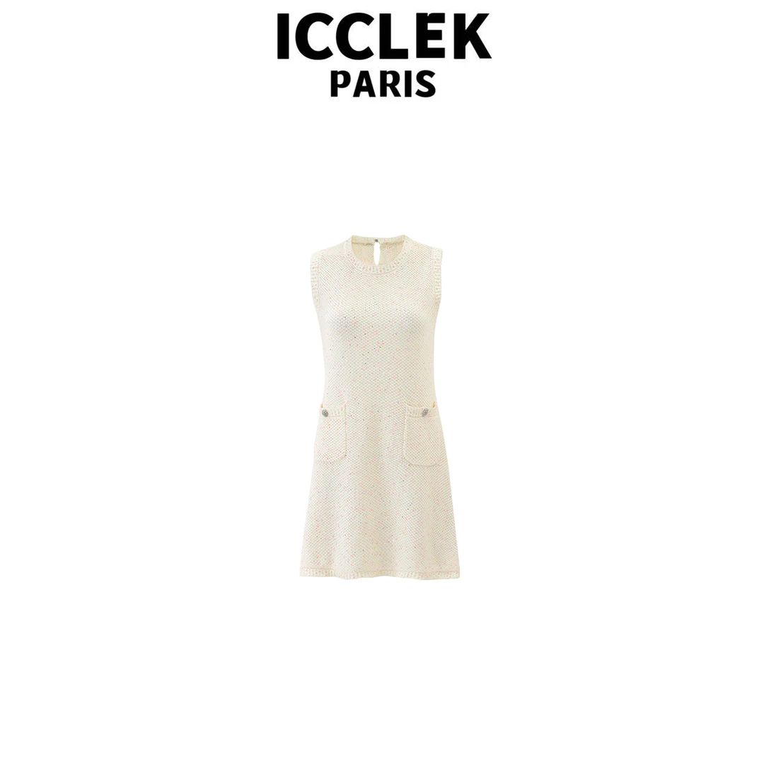 ICCLEK 夏季白色圆领白色连衣裙轻奢连衣裙口袋名 媛 -5729