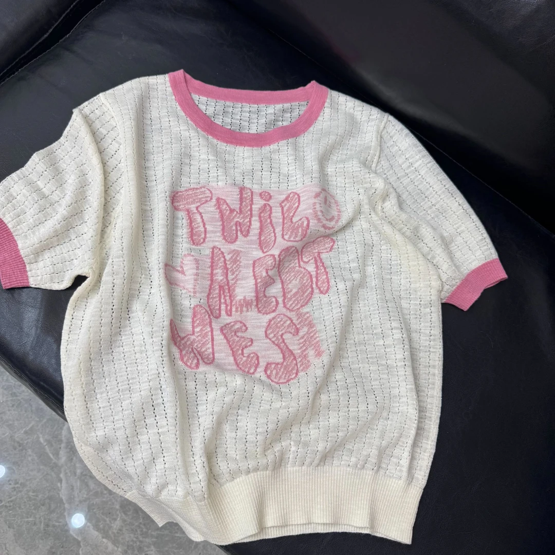 2024新款针织衫针织短袖女撞色圆领印花上衣QC016