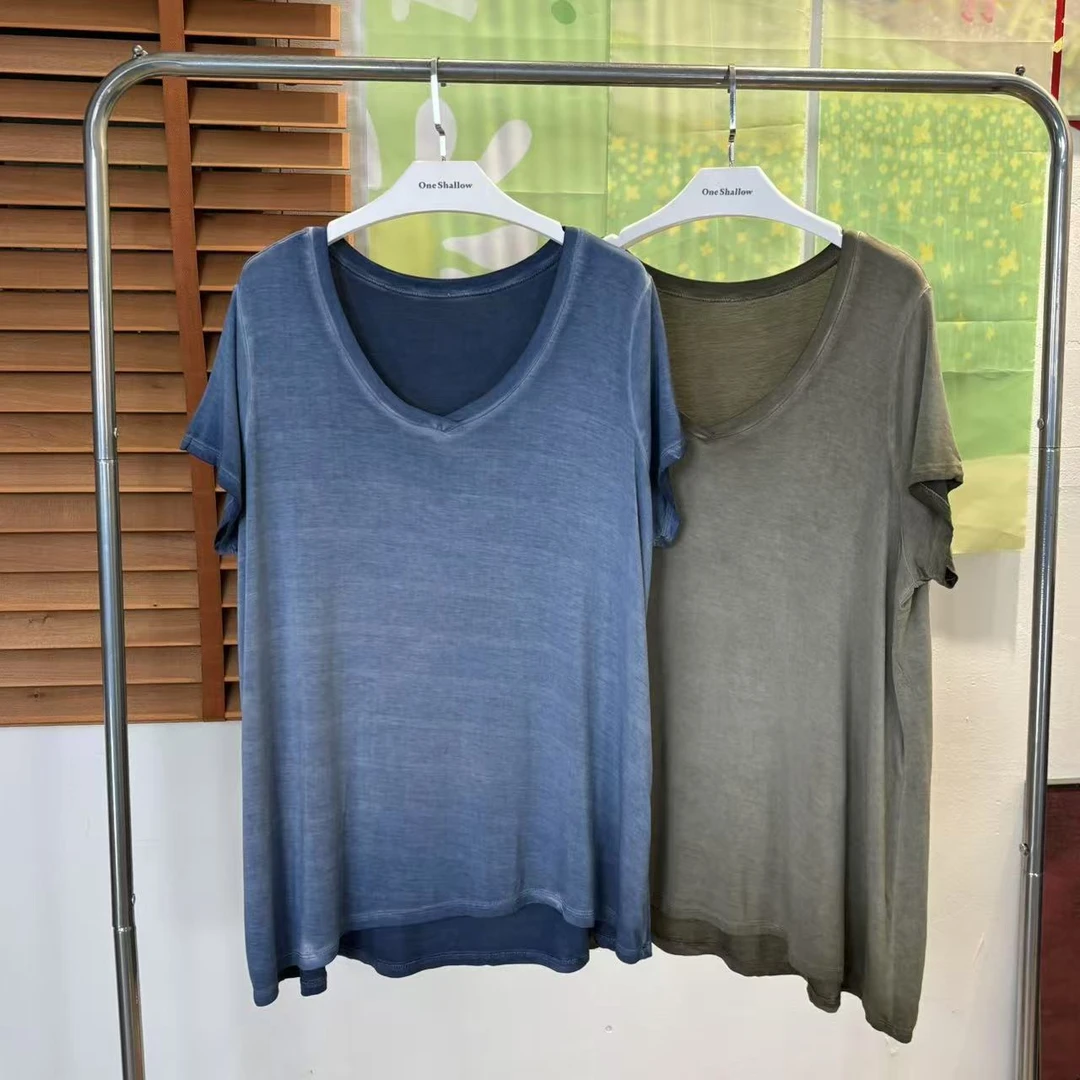 水洗做旧V领休闲宽松短袖T恤5819