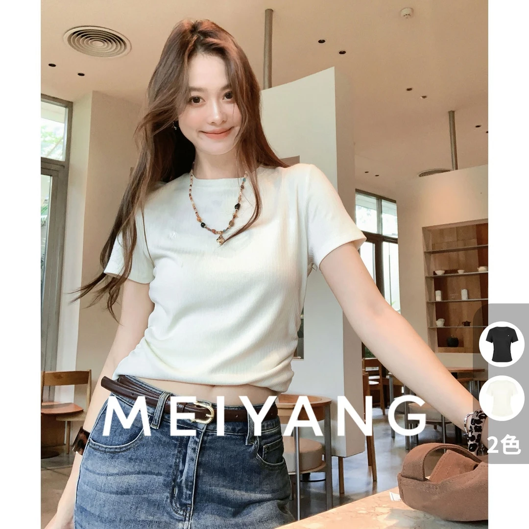 A美洋MEIYANG 腰线T【商场同款】莫代尔棉坑条_抽褶收腰短袖