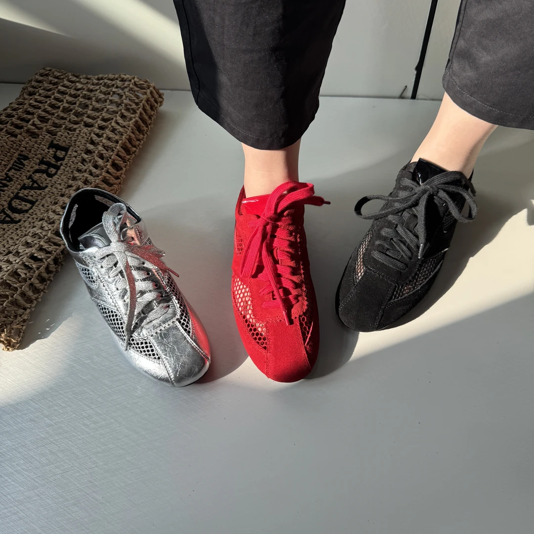 夏季百搭显白真皮透气圆头德训鞋3cm网纱设计休闲运动机能风单鞋