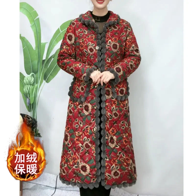 妈妈装冬季加绒加厚棉衣长款秋冬宽松大码棉服中老年时尚保暖棉袄