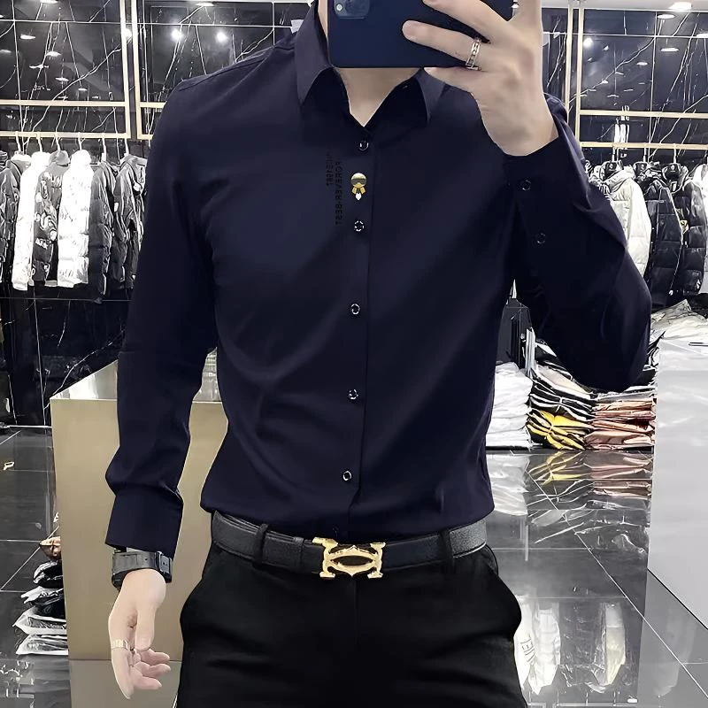 斯洛加霍特免烫衬衫休闲男长袖欧洲站春薄款修身商务烫钻弹力衬衣