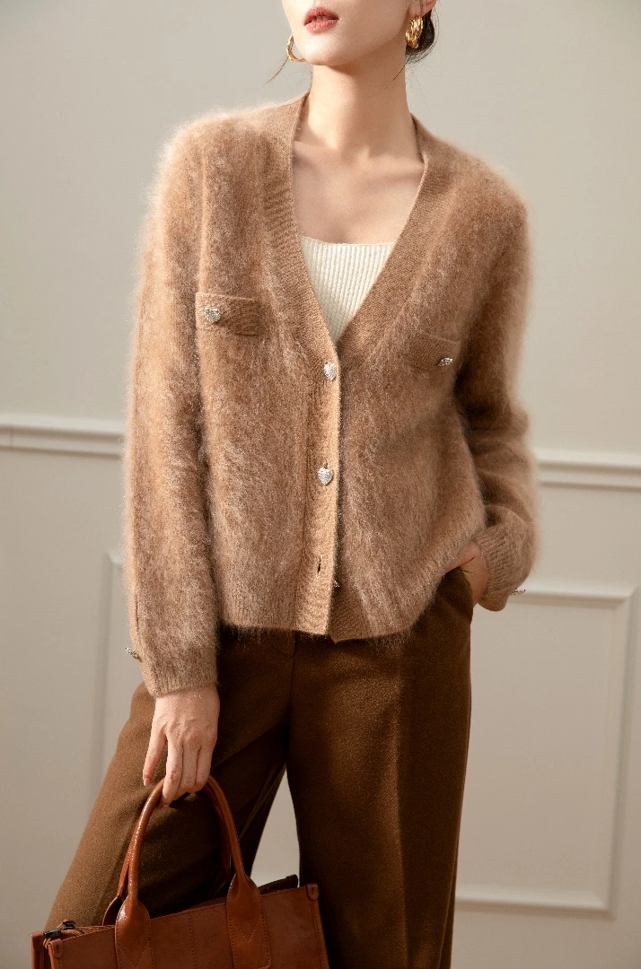 宽松型V领加厚100%山羊绒拉绒轻奢气质小香风针织开衫8616短款