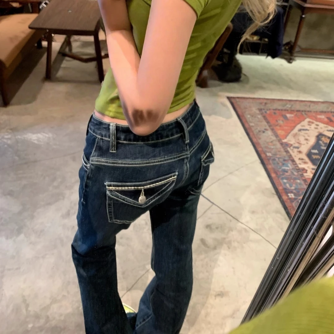 美式复古微喇牛仔裤女设计感修身显瘦低腰裤子直筒修身显瘦港风