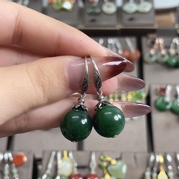 银S925镶嵌和田玉（碧玉）耳饰13左右