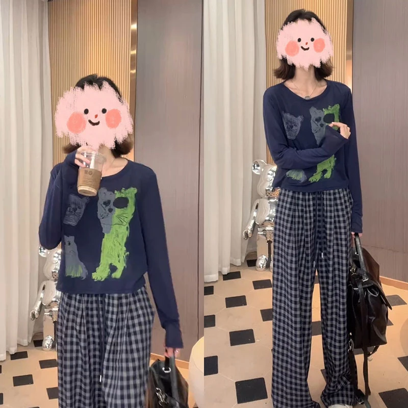 韩版时尚潦草小猫长袖T恤女2025夏季休闲防晒衣薄款透气罩衫上衣