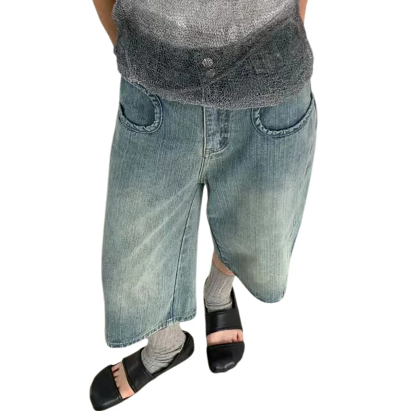 圆弧异性口袋竹节纹牛仔七分裤男女hiphop宽松洗水浅蓝色休闲短裤