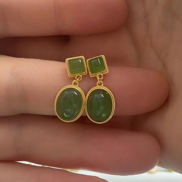 和田玉银S925镀金镶嵌耳饰