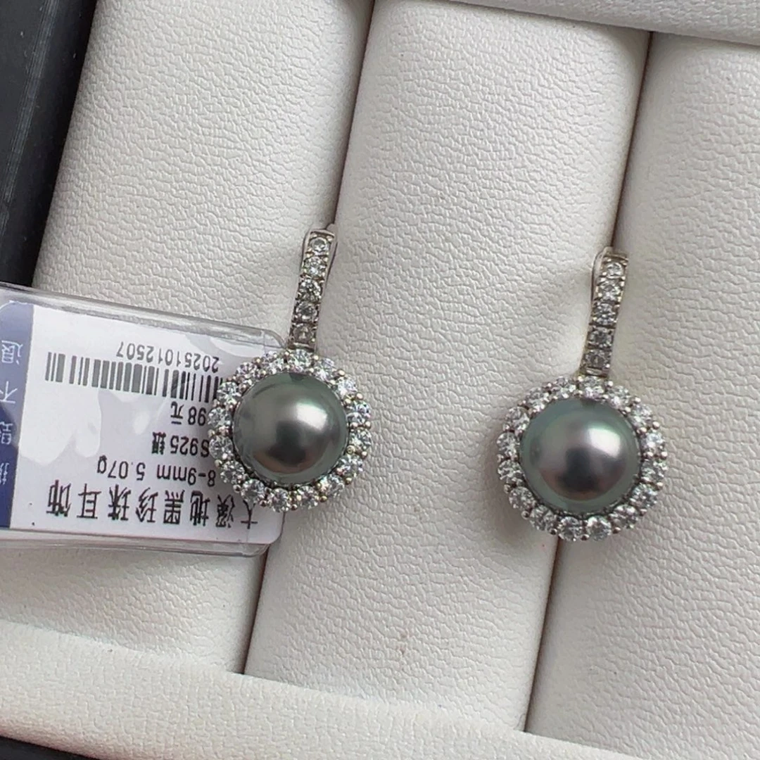耳饰海水珍珠银S925镶嵌大溪地海水珍珠耳饰8-9