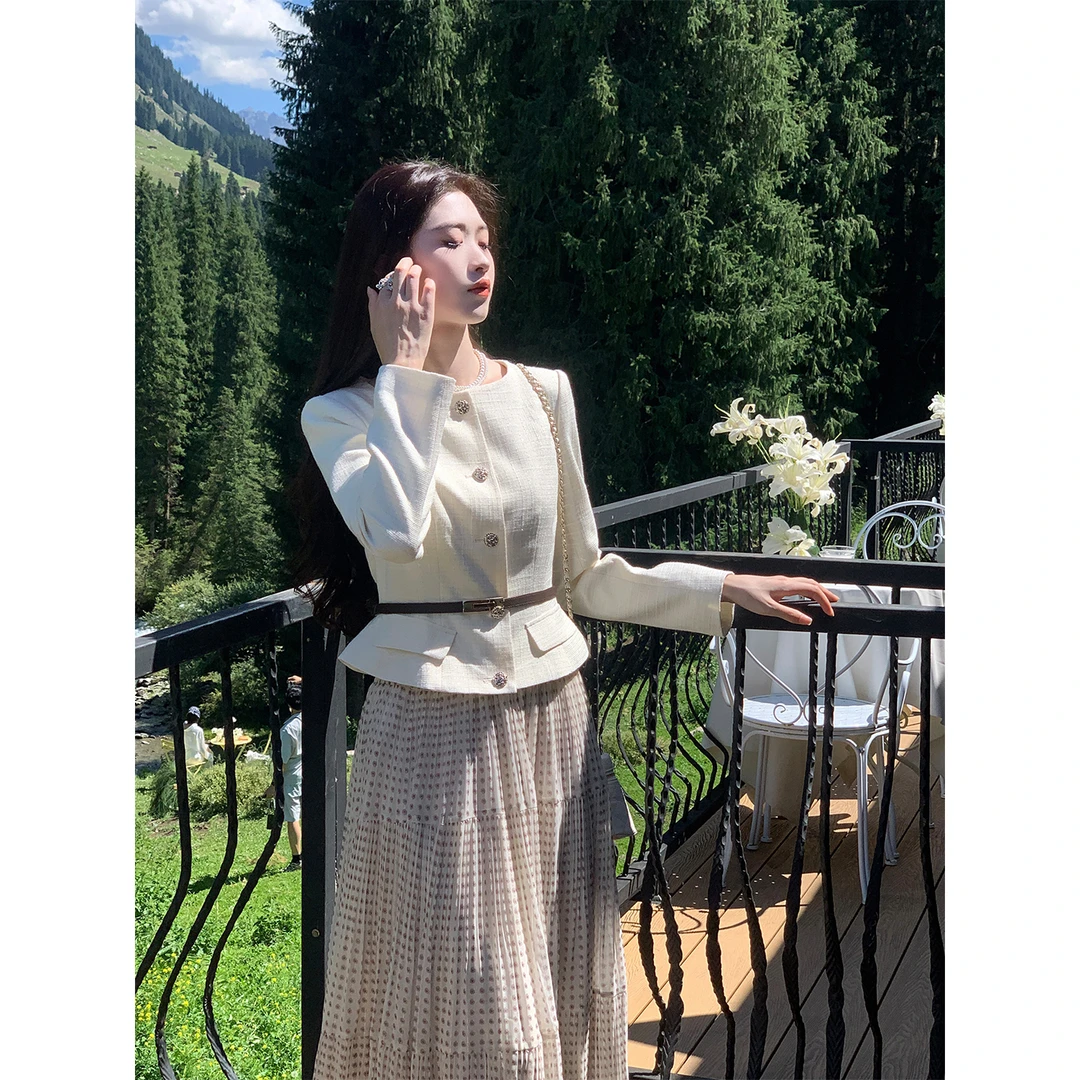 凌茜恣禾【香影】国风新中式小香风正肩短款外套复古印花蛋糕半身裙