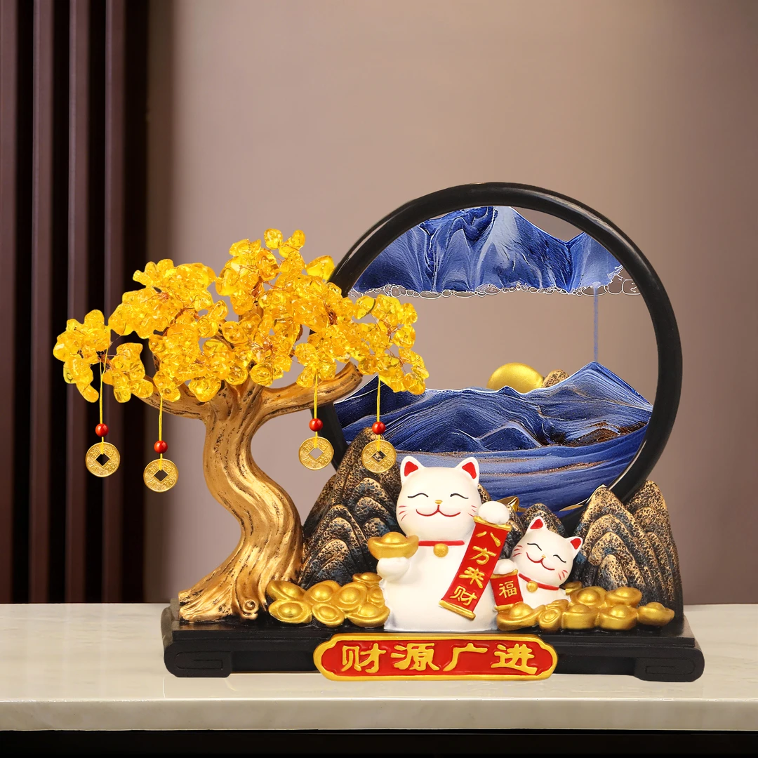 发财树摆件招财猫流沙画办公室乔迁开业大吉摆件家居客厅装饰品