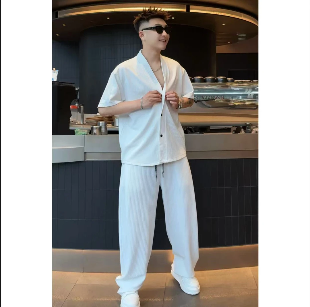 【语乐3店】4805/4806极简风V领竖纹肌理感套装夏季短袖开衫休闲裤