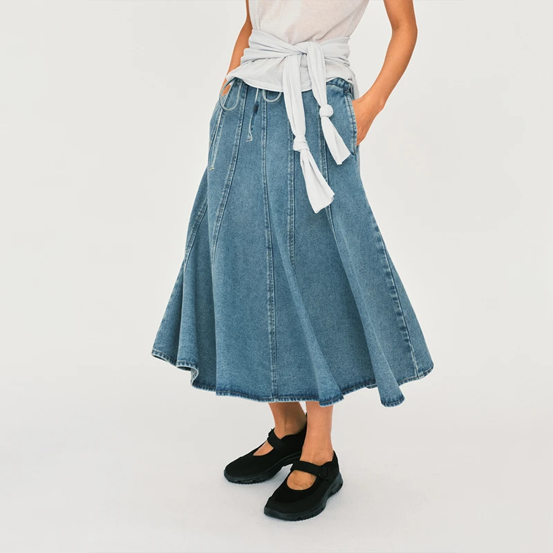 【COMMXN】noundnound纯色百搭水蓝牛仔太阳裙百褶裙25夏季新款