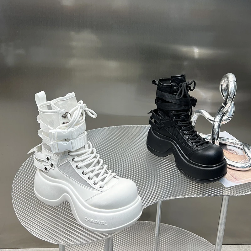 坡跟网靴女2025夏季新款短靴马丁靴增高厚底镂空网面凉靴CG6118-2