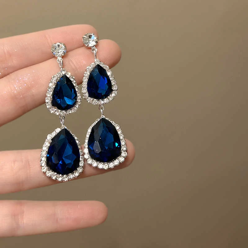 超闪蓝色水滴耳环女轻奢复古宫廷风耳钉耳坠高级感百搭气质耳饰