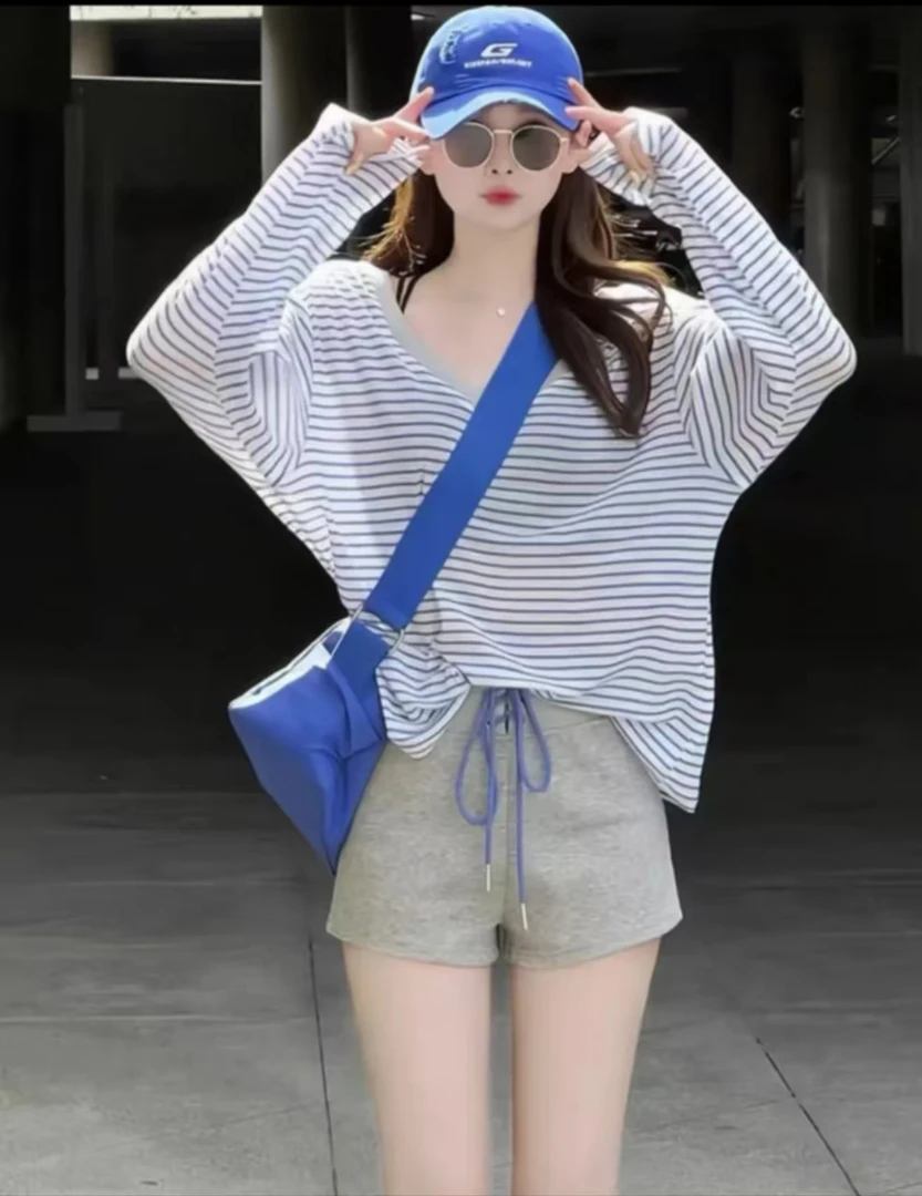 【现货运费险】夏日晴空萊塞尔条纹上衣+绑带短裤时尚显瘦新款套装