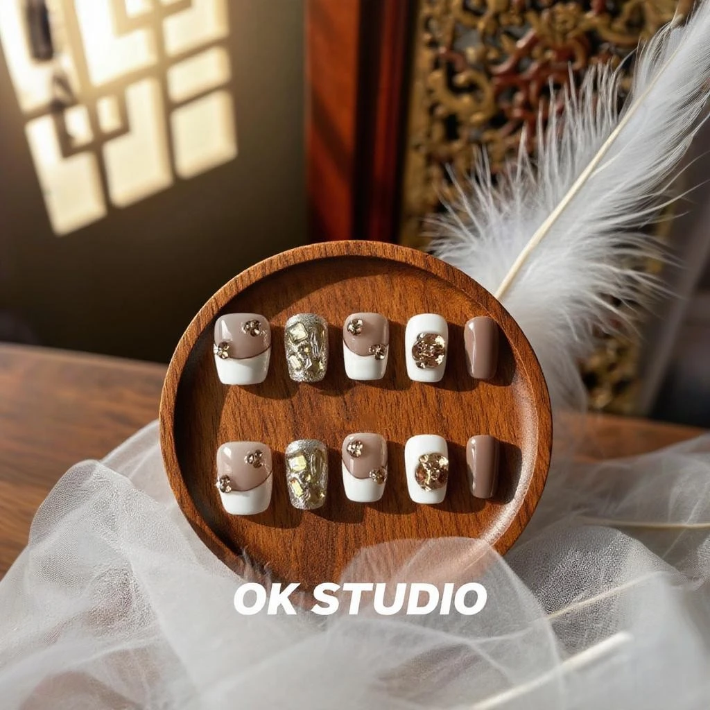 OKNail【宫廷钻舞】秋冬国风短款纯手工拆卸穿戴甲气质复古简约