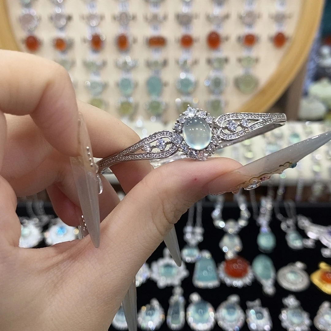 轻***语蛇纹石玉银S925镶嵌手镯