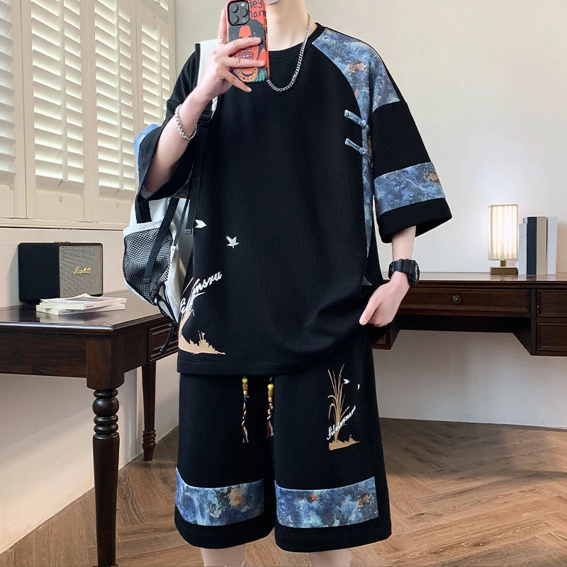 夏天中国风套装男士休闲宽松T恤时尚拼接圆领短袖短裤两件套薄潮