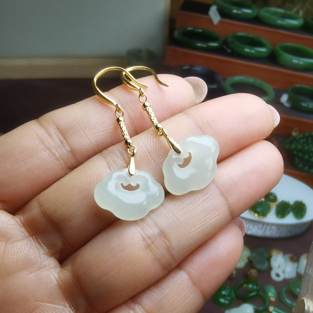 和田玉白玉冰底如意耳饰925银镶嵌