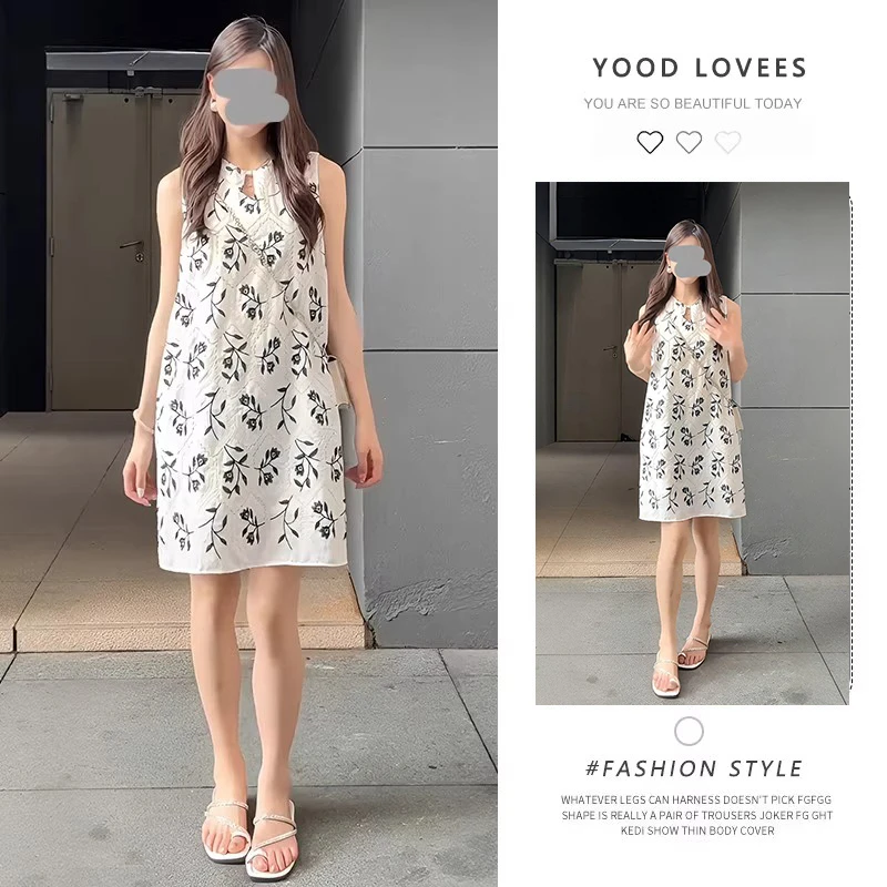 孕妇装连衣裙夏季2025时尚款刺绣花朵水滴圆领宽松夏天气质外穿