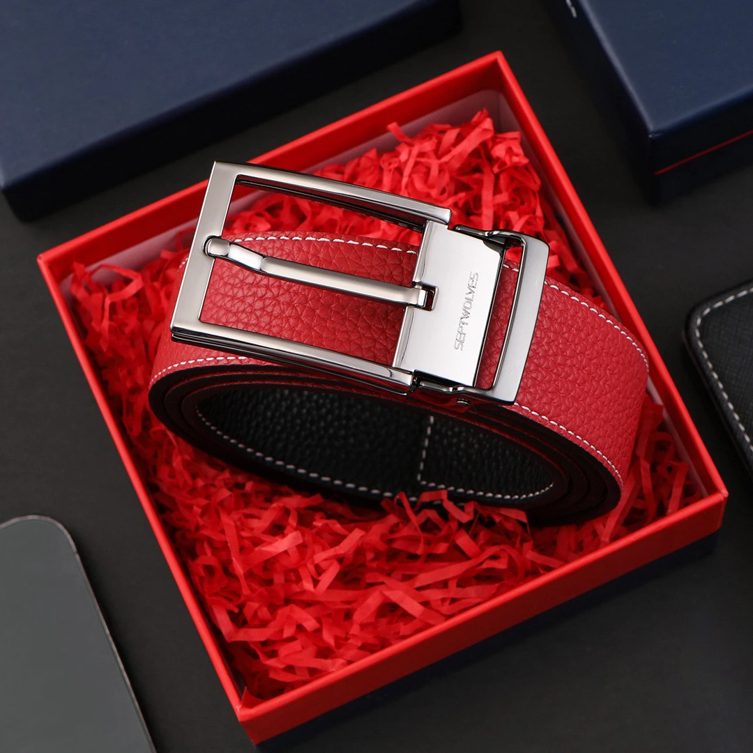 七匹狼男士红色真皮腰带裤带针扣简约高档牛皮百搭休闲时尚裤腰带