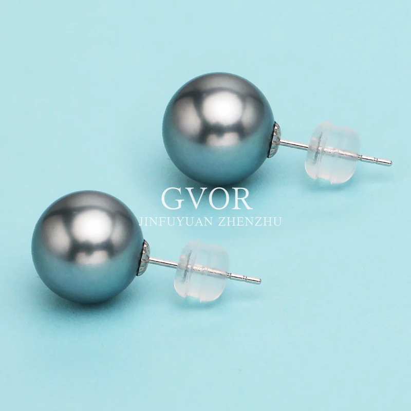 【源头】芈伽勒海水大溪地铂金灰珍珠耳钉 9-10mm C737