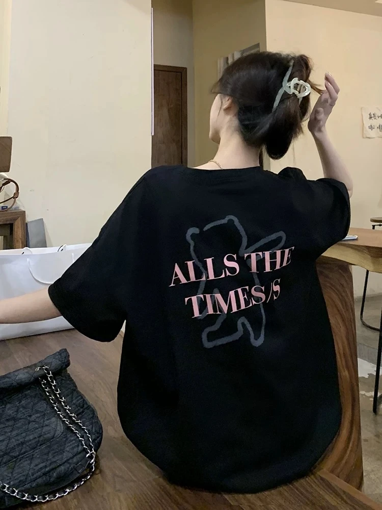 美式街头风T恤女oversize大码纯棉夏季ins潮复古显瘦黑色宽松上衣