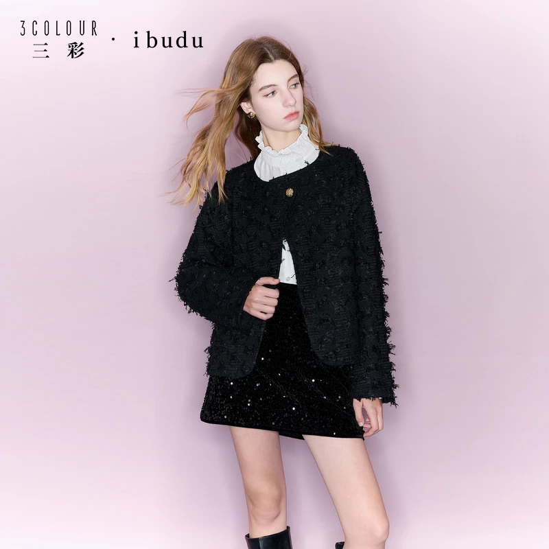 三彩ibudu2025冬季新款香风外套圆领宽松肌理感上衣女
