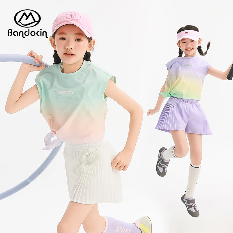 BANDOCIN/半度闲户外凉感运动套装女童夏季速干T恤防走光百褶裙裤