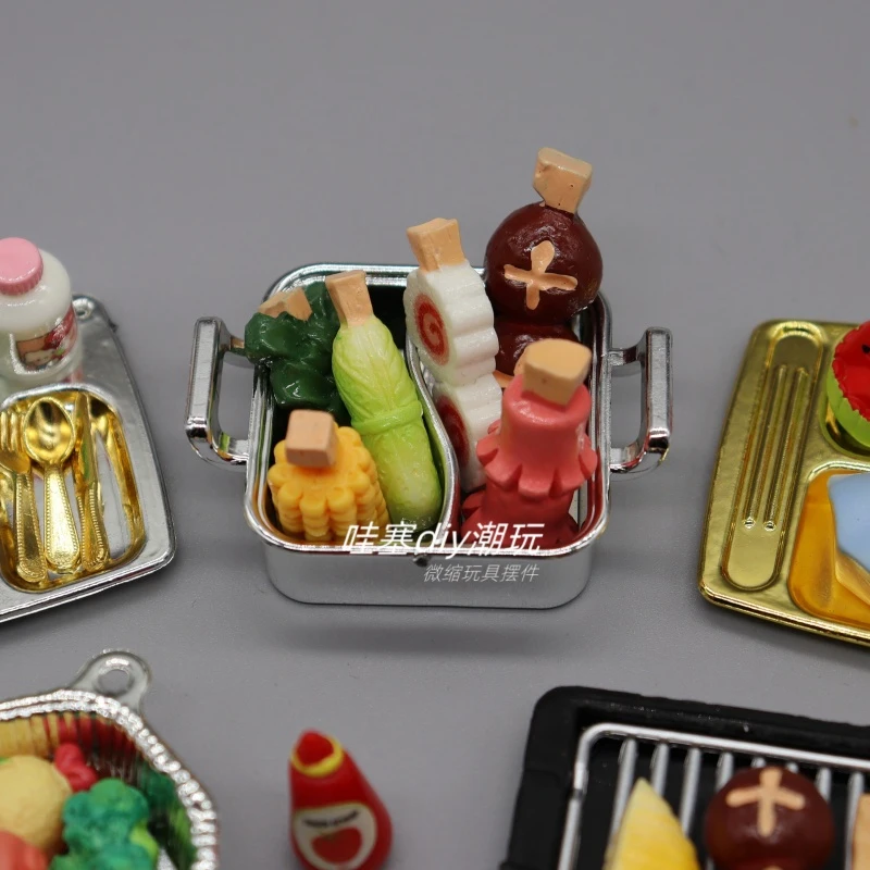 迷你食玩烤串鸡腿饮料餐具烤盘鸳鸯锅火锅快餐盘锅具模型摆件DIY