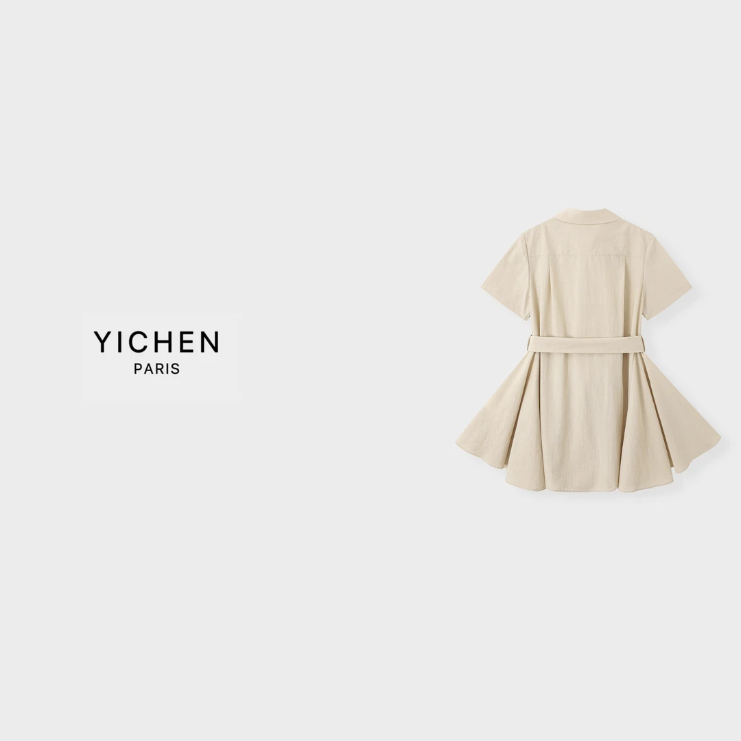 YC 浅卡其口袋刺绣徽标翻领系带衬衫连衣裙松弛感穿搭-5015