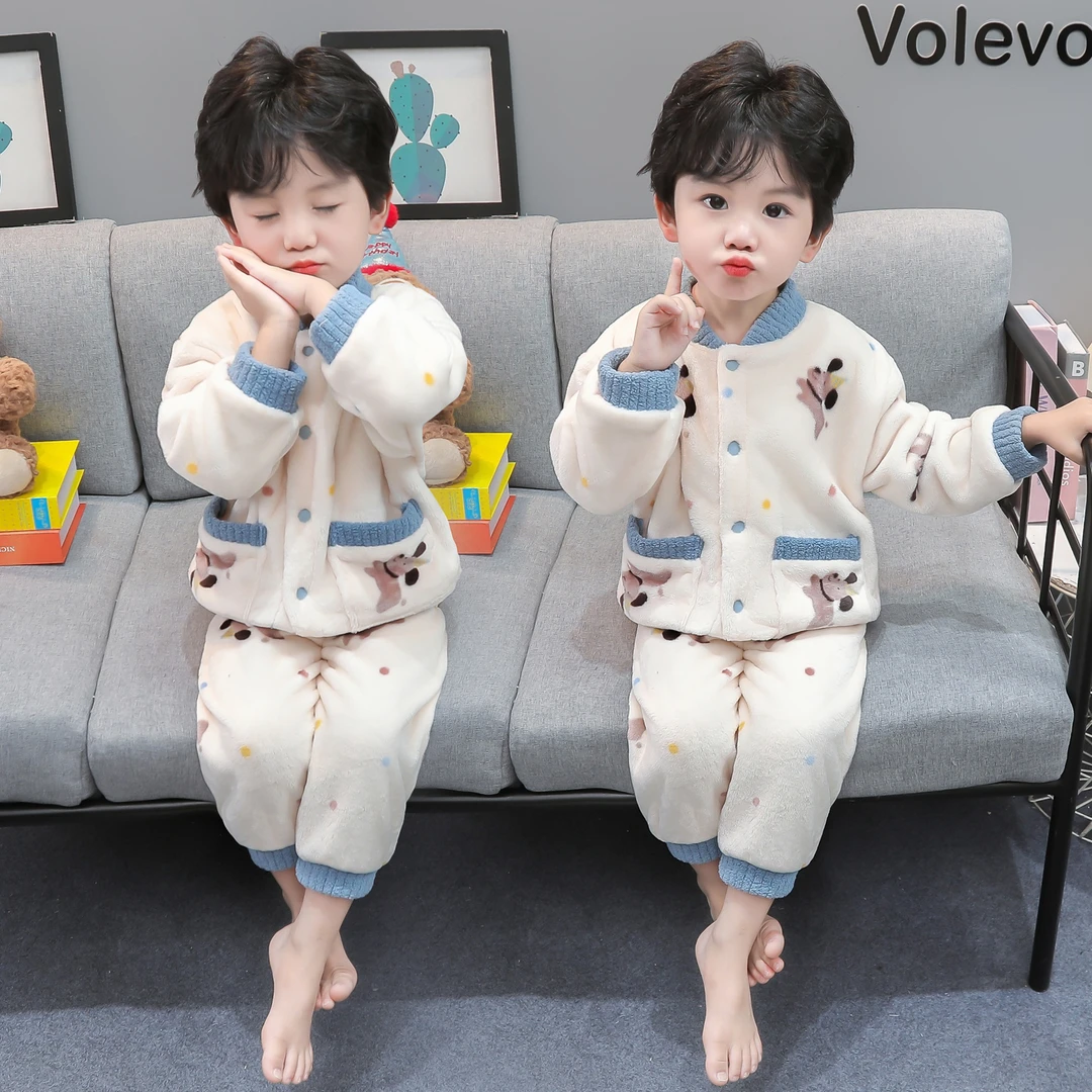 儿童珊瑚绒睡衣男童秋冬加厚款男孩宝宝法兰绒家居服卡通开衫套装