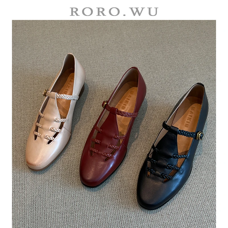 娆娆吴·头层牛皮气质文艺丁字优雅复古赫本风淑女百搭日常单鞋A96