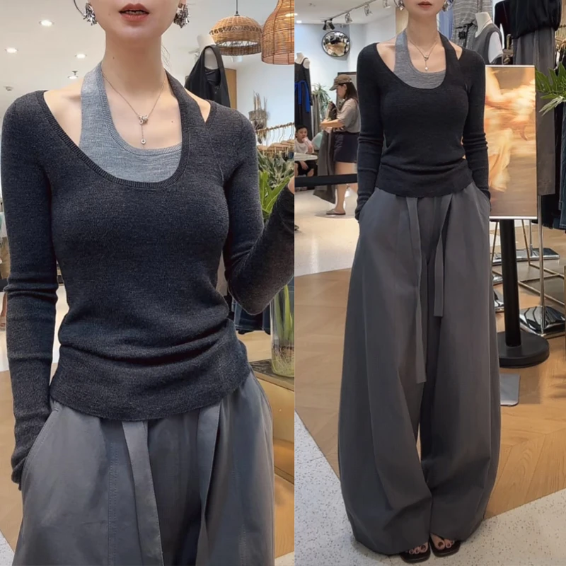 早秋独特超好看套装2025新款挂脖针织衫灰色显瘦直筒阔腿裤两件套