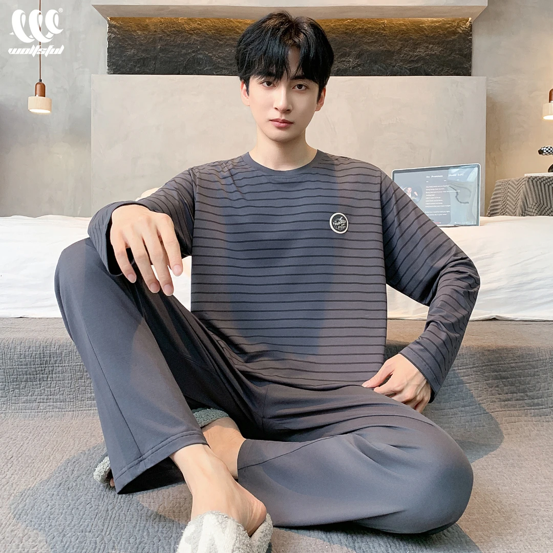 睡衣男款春秋季莫代尔长袖长裤男士简约条纹休闲可外穿家居服套装