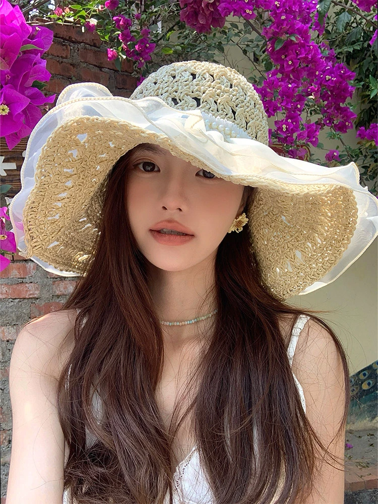 蕾丝镂空草帽女夏季2025新款沙滩海边度假风防晒草编大帽檐太阳帽